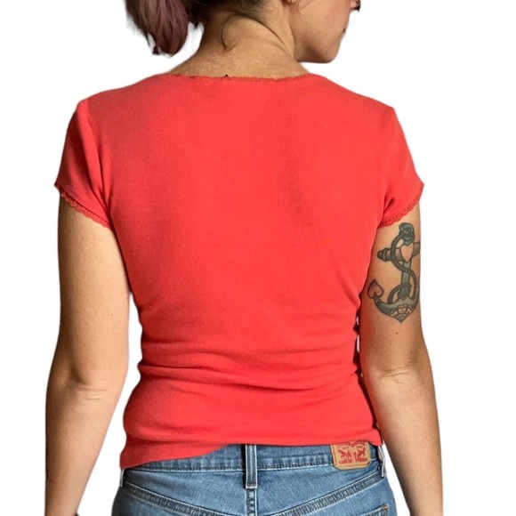 Women's Express Short Cap Sleeve Wrap Look T Shirt Size M Medium Stretchy Orange - Picture 9 of 13